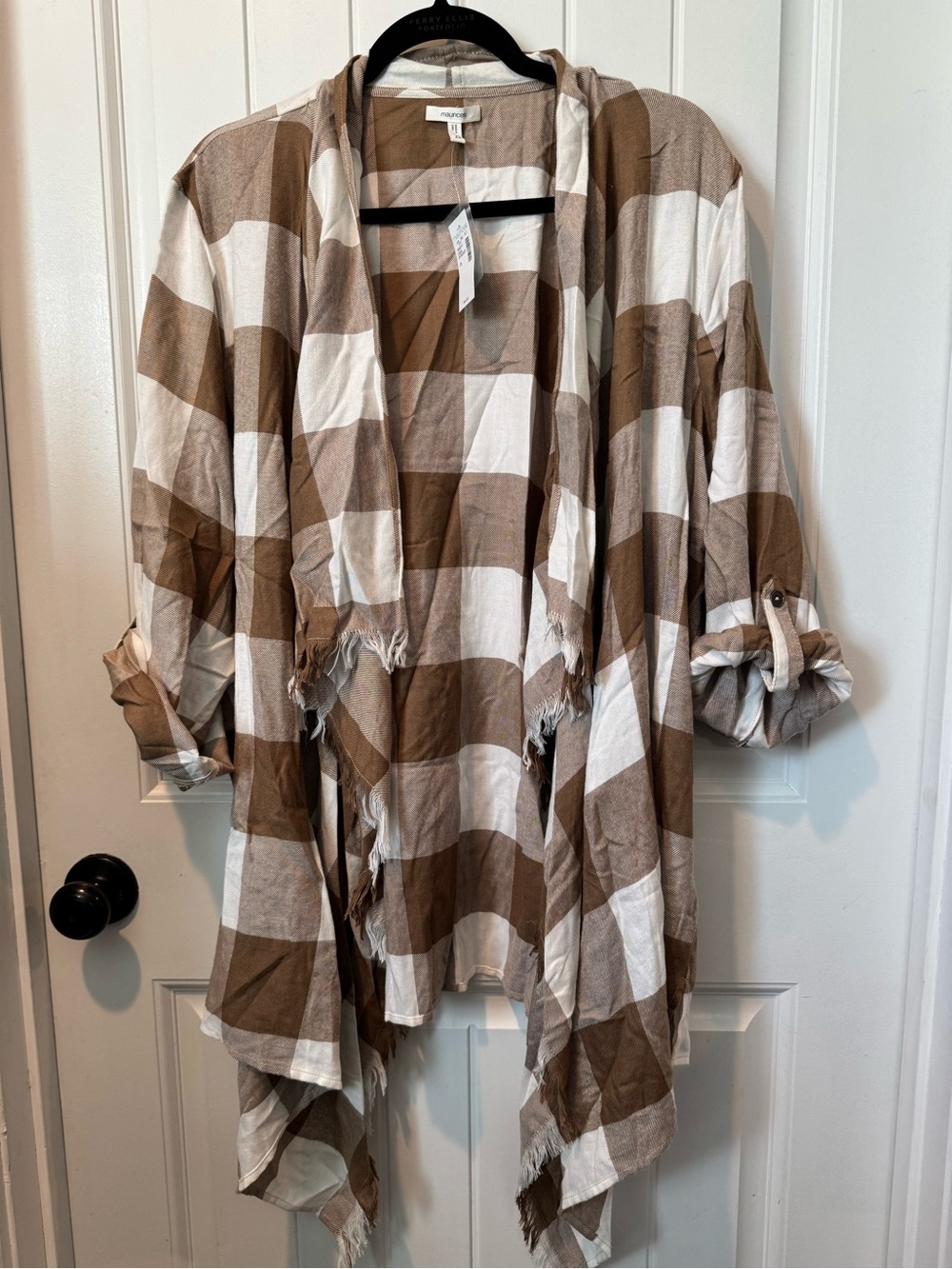 Maurices Brown & White Plaid Fringe Open Cardigan